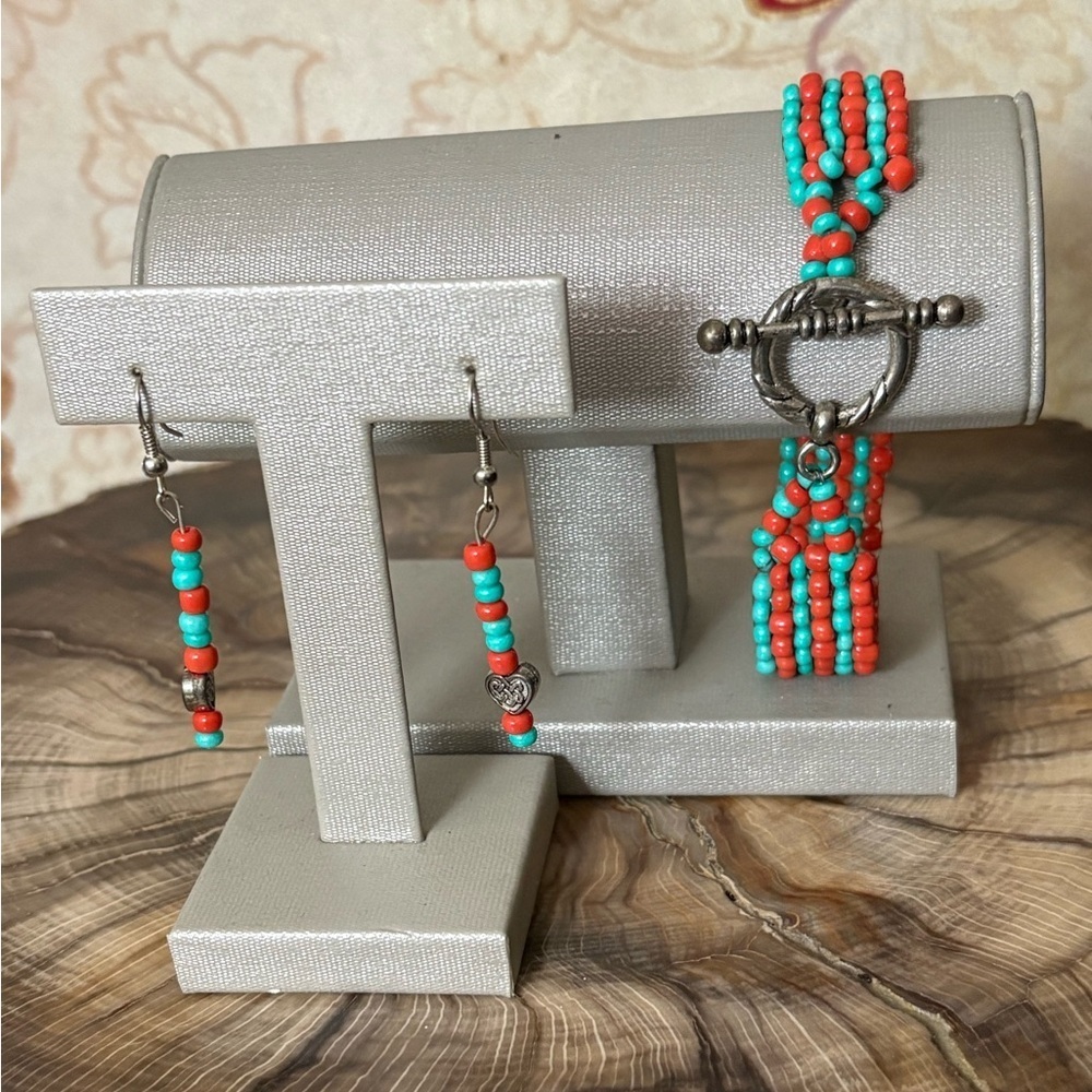 Set/2 Red/Turquoise Beaded Handmade Bracelet and Earrings